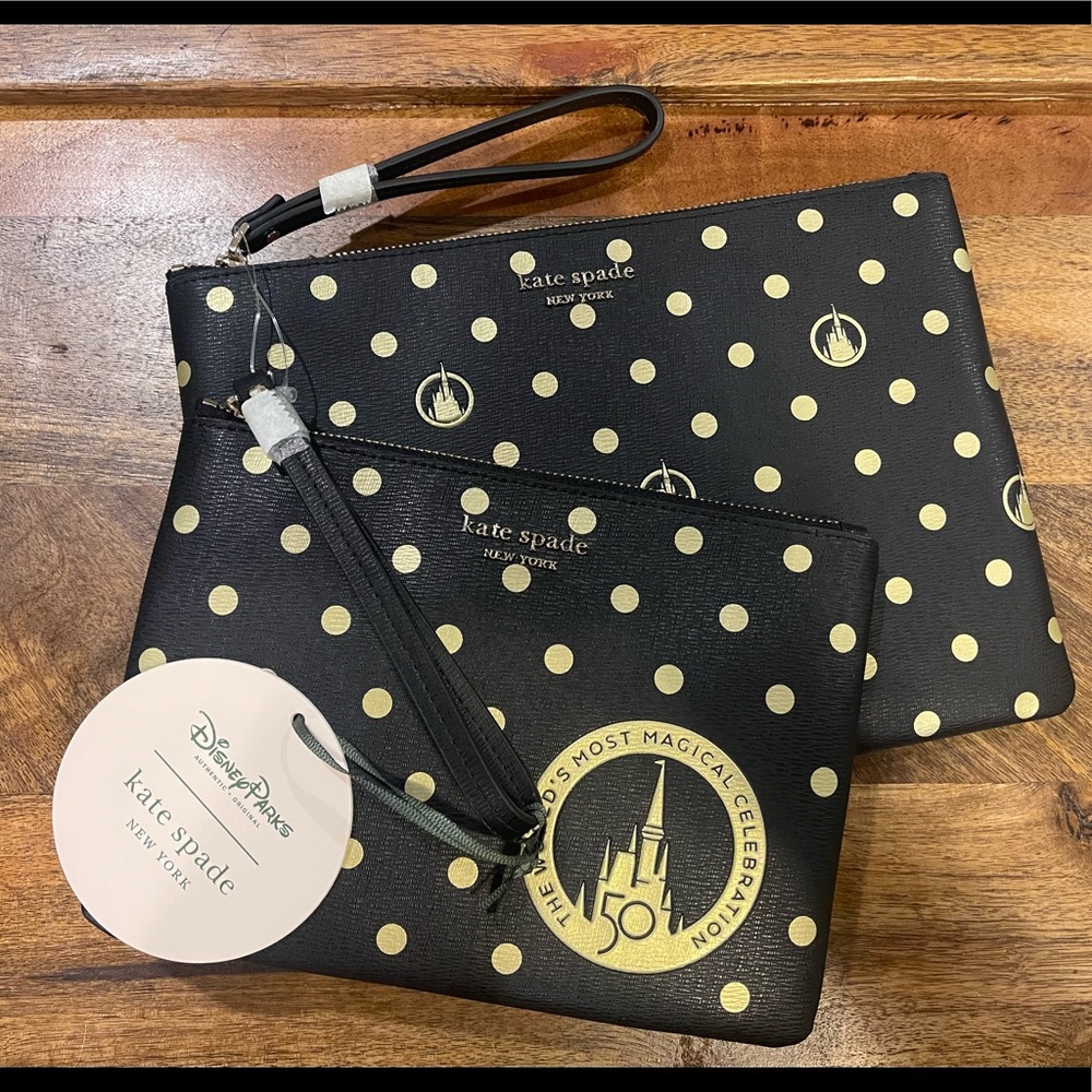 NWT Kate Spade 50 Anniversary Disney wristlet set in black and gold.